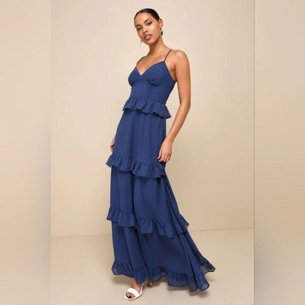 Lulus Captivating Class Lace Up Cross Back Tiered Ruffle Maxi Dress Womens XL